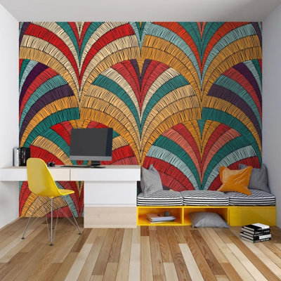 Retro Multicolor Art Deco Fan Pattern Geometric Vintage Style Wall Mural Wallpaper