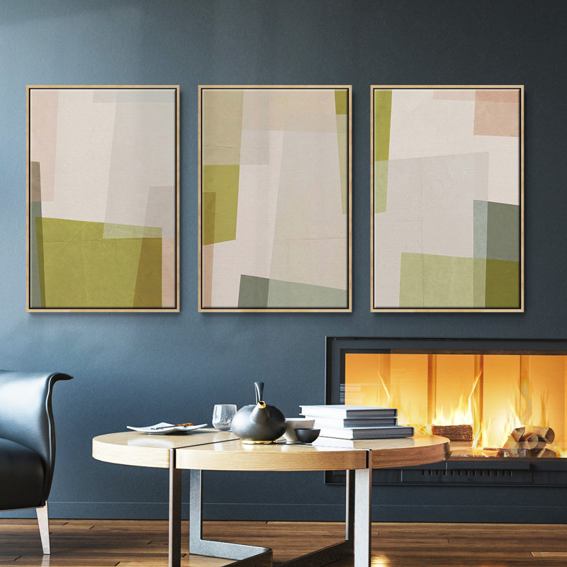 Ensemble de 3 pièces encadrées sur toile Indigo Blush And Gold I, H 36 po x l 72 po, Cadre en bois naturel