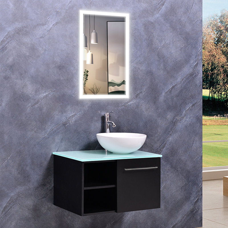 Meuble-lavabo mural simple 28 po avec comptoir en verre trempé