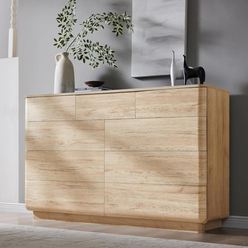Commode 9 tiroirs l 52 po, commodes et commode avec profil courbé, Chêne naturel
