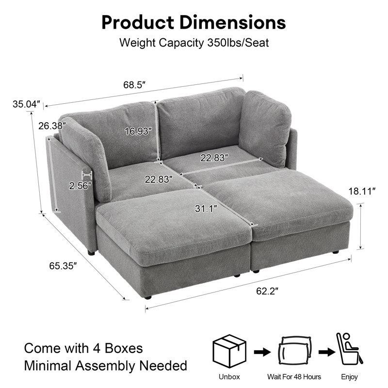 4 Piece Modular Sectional Sofa, Gray