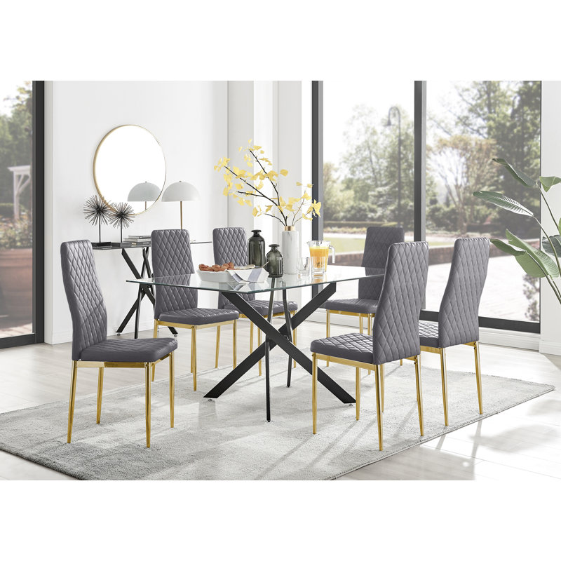 Lenworth Glass Rectangular Dining Table Set with 6 Quilted Velvet Dining Chairs, Grey, Gold