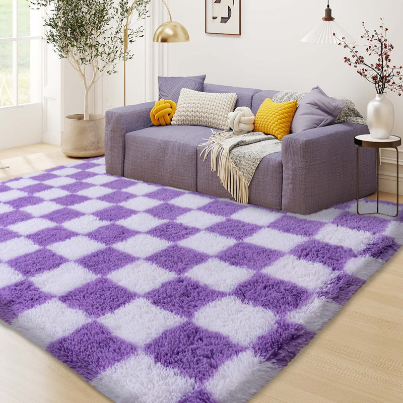 Checkered Fluffy Rug 6x9 Ft Washable Shaggy Fluffy Rug for Bedroom Living Room Plaid Runner Rug Fuzzy Shag Carpet Non-Slip for Kids Toddler Room Nursery Playroom