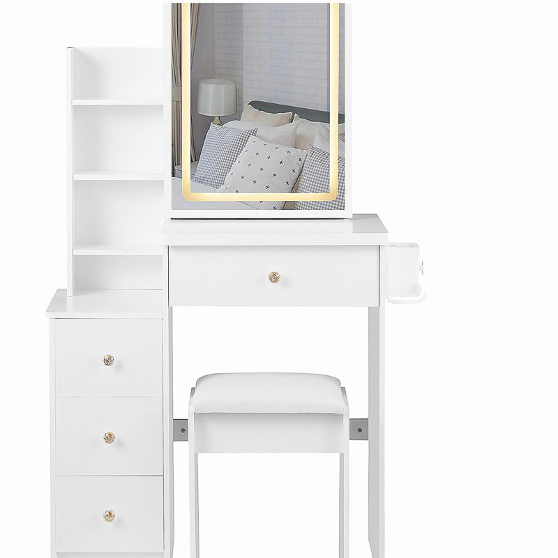 Petite coiffeuse 29,2 po avec tabouret de chevet gauche + tabouret rembourré, 2 blocs d'alimentation CA + 2 ports USB, support pour séchoir à cheveux, très grand miroir à DEL coulissant à commande tactile, changement de luminosité tricolore, réglage de la luminosité