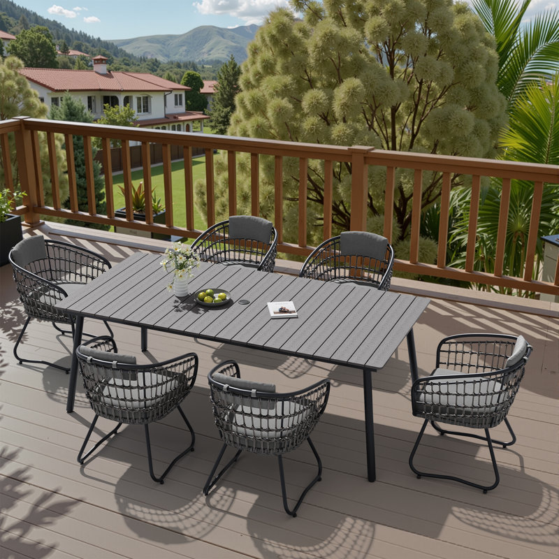 6 - Person Metal Patio Dining Set With Removable Cushions And Umbrella Hole, Gray Cushion/Dark Gray Table Top