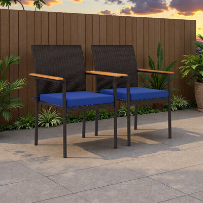 Stackable Patio Wicker Dining Chair Set of 2 with Cushions, Backrest, Armrests for Deck