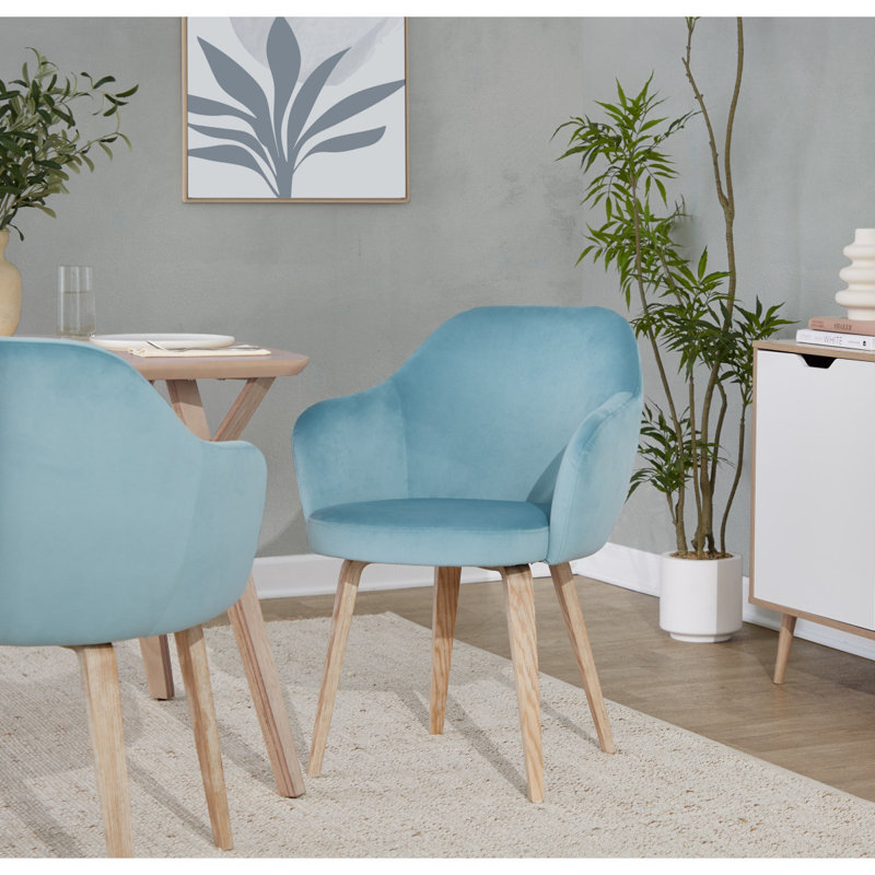 Dining Chair In Whitewashed Wood And Green Velvet - Set Of 2, Green