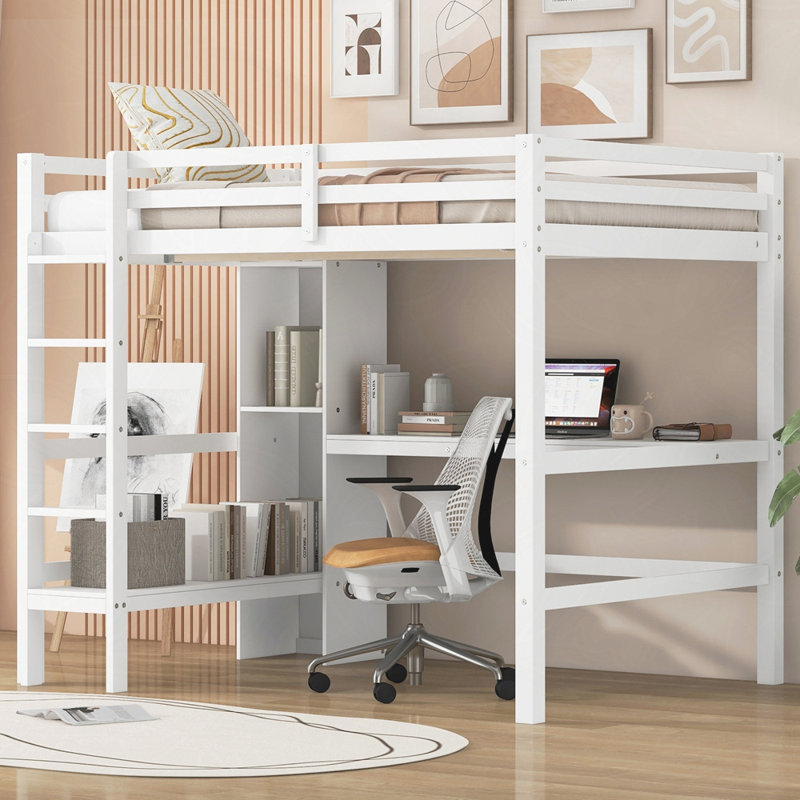 Lit mezzanine avec tablettes multifonctionnelles et bureau sous le lit, Blanc