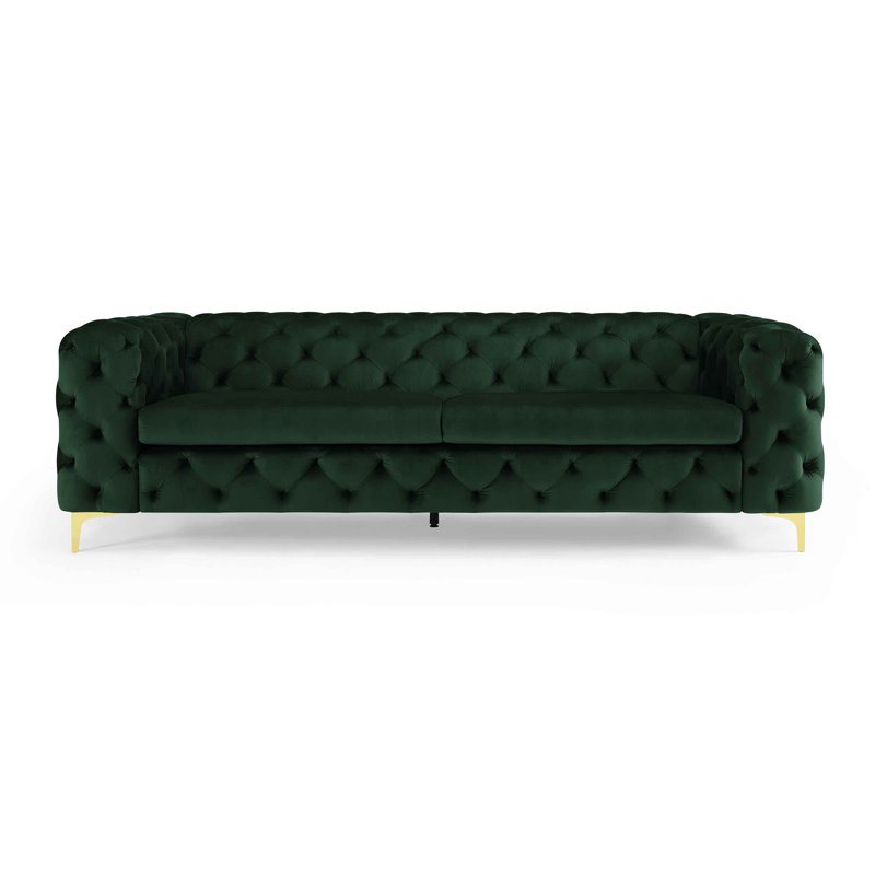 Ghaleb 237Cm Velvet Square Arms Sofa, Green Velvet, Gold