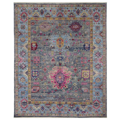 Hand Knotted Wool Area Rug in Green And Blue