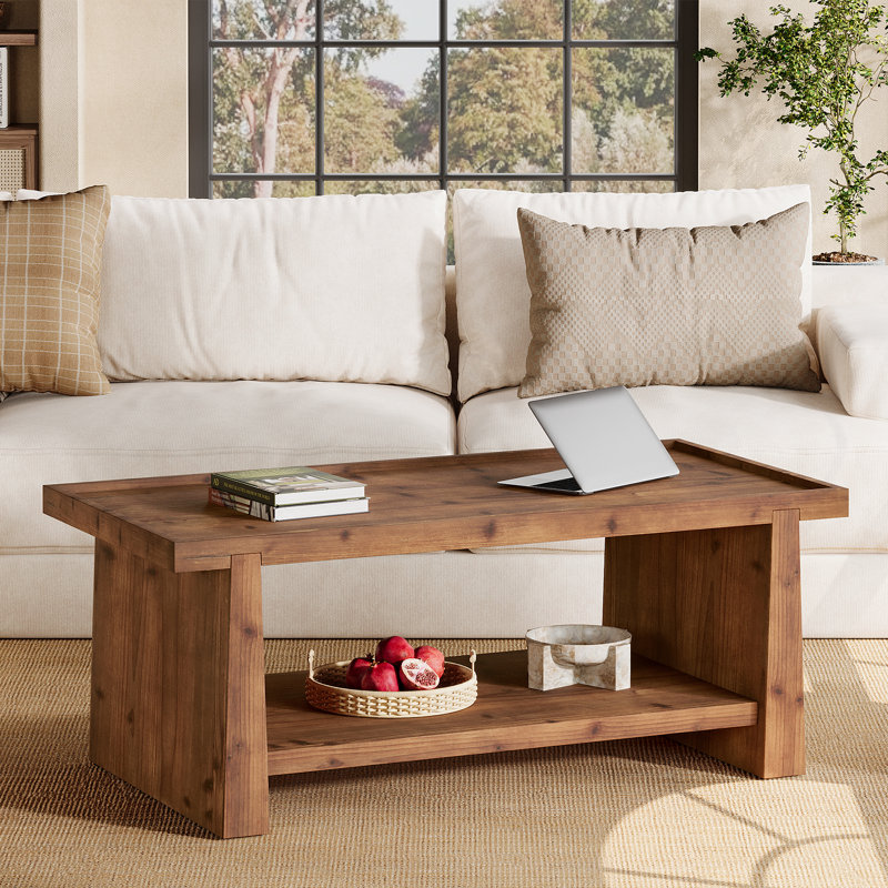 47.24" Rectangular Solid Wood Coffee Table, Farmhouse 2-tier Center Table For Living Room