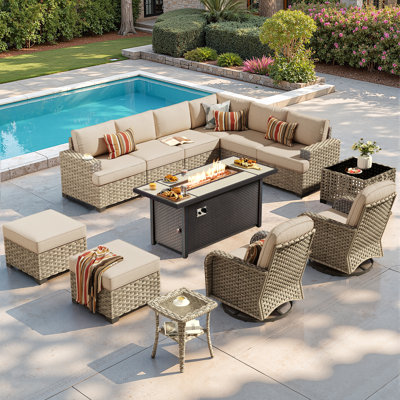 Carolle 13 Piece Patio Sectional Furniture With Swivel Rocking Chairs, Rattan Wicker Coversation Set With Glowing Coffee Table, Outdoor Sofa Set With Fire Pit For Outside Porch Balcony Backyard Pool