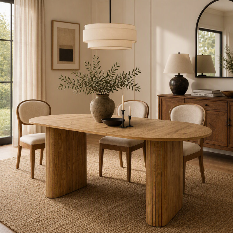 Table de cuisine ovale avec base en bois, table de salle à manger de style campagne moderne, Clair naturel