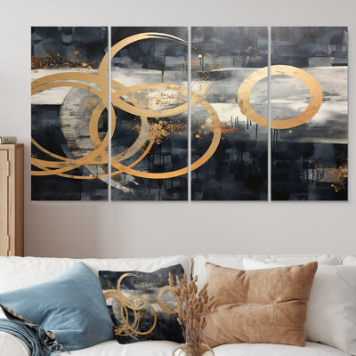 Golden Rings In The Night - Art mural géométrique 4 pièces