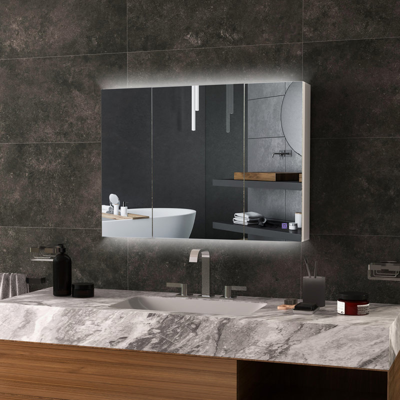 Armoire à pharmacie lumineuse avec miroir, miroir de salle de bain mural 26 po x 36 po avec rangement, armoire murale de salle de bain 3 couleurs avec charge USB, tablette réglable