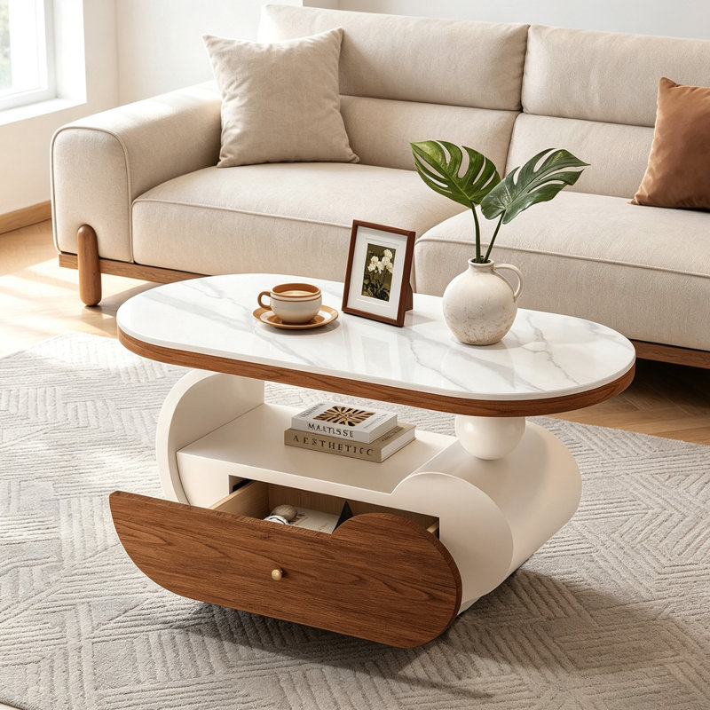 Table basse avec roulettes Modern, H 19,68 po x l 35,43 po x P 17,71 po, Gris clair / Crème