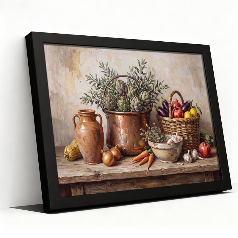 Nature morte des légumes et des fruits dans un pot en cuivre, tableau sur toile, H 12 po x l 18 po