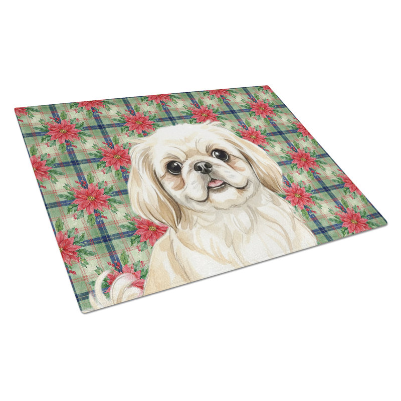 Planche à découper en verre crème pekingese Christmas PoinsettIas
