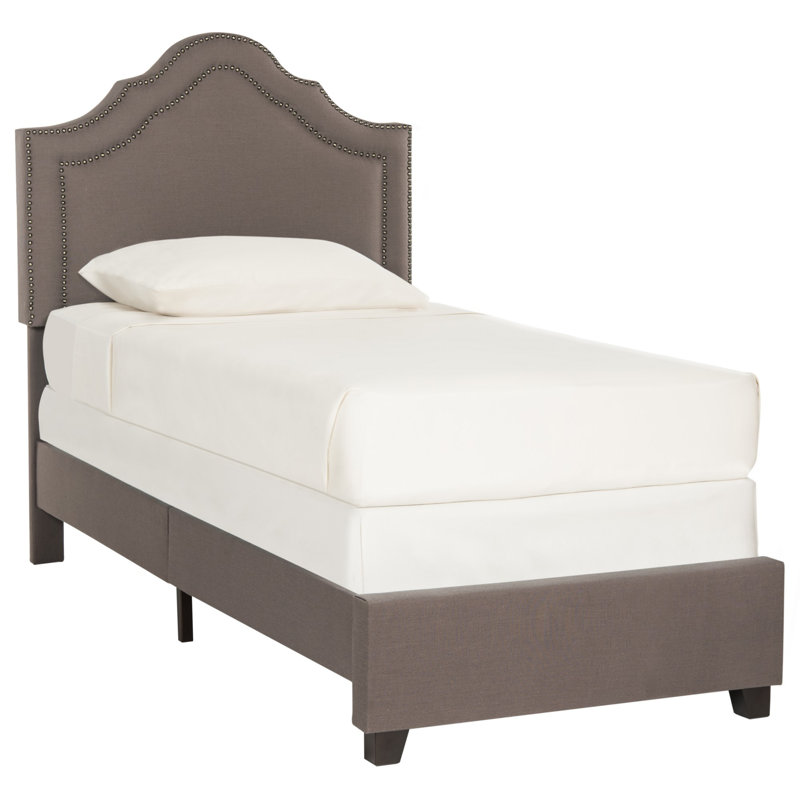 Upholstered Standard Bed, Twin, Dark Taupe/Brass