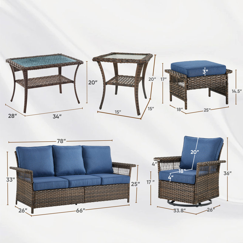 Ensemble de mobilier d'extérieur en osier 7 pièces avec fauteuil coulissant, table d'appoint et repose-pieds Anferney, Bleu