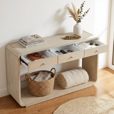 Console de style antique - 3 tiroirs de rangement et tablette de présentation, pieds courbés, finition naturelle peinte, poignées en nickel brossé, entrée / couloir / salon