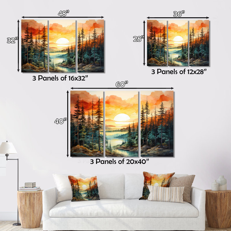 Pin, coucher de soleil brillant II - Pin, art mural, Cadre simple argenté, H 16 po x l 32 po x P 1 po