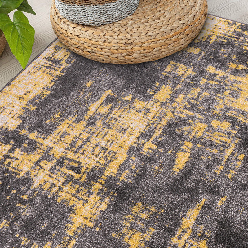 Tapis jaune / ivoire / gris Malica, Rectangle 7 pi 10 po x 10 pi
