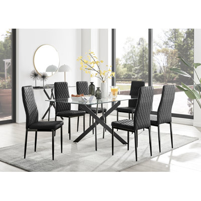Lenworth Glass Rectangular Dining Table Set with 6 Quilted Velvet Dining Chairs