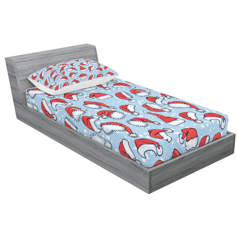 Blue and Red Santa Hat Print Twin Microfiber Sheet Set