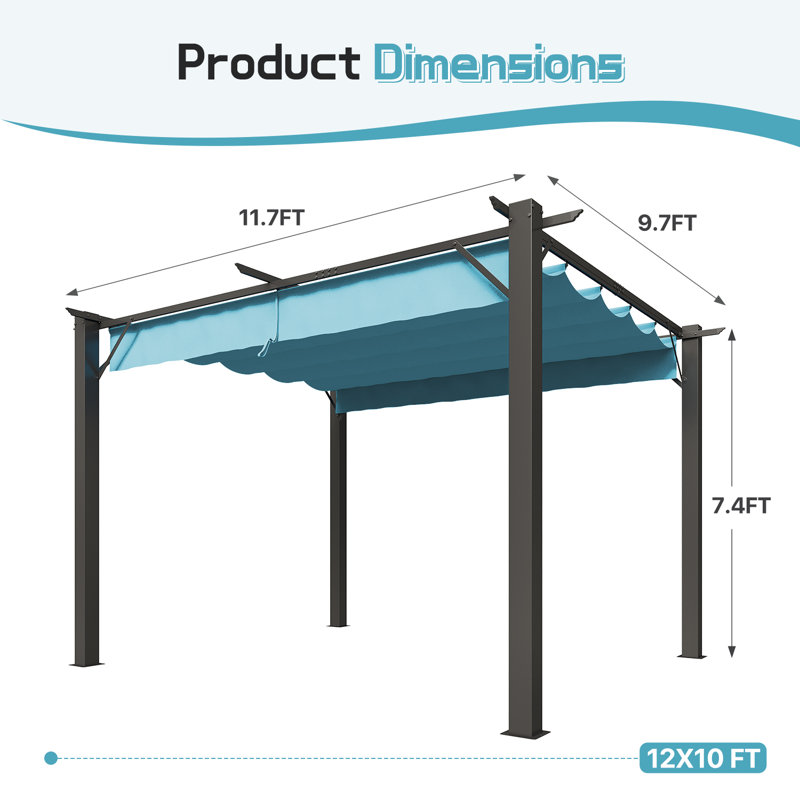 Pergola d'extérieur en métal avec auvent rétractable et support d'ancrage l 12 pi x P 10 pi