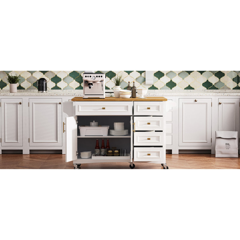 52'' Kitchen Island With Drop Leaf And Wheels. White, Design, Spice Rack, Towel 2 Doors, 5 Drawers, Adjustable Shelf For Elegant Modern Luxury Coastal On Wheels Storage. White Finish, Texture,