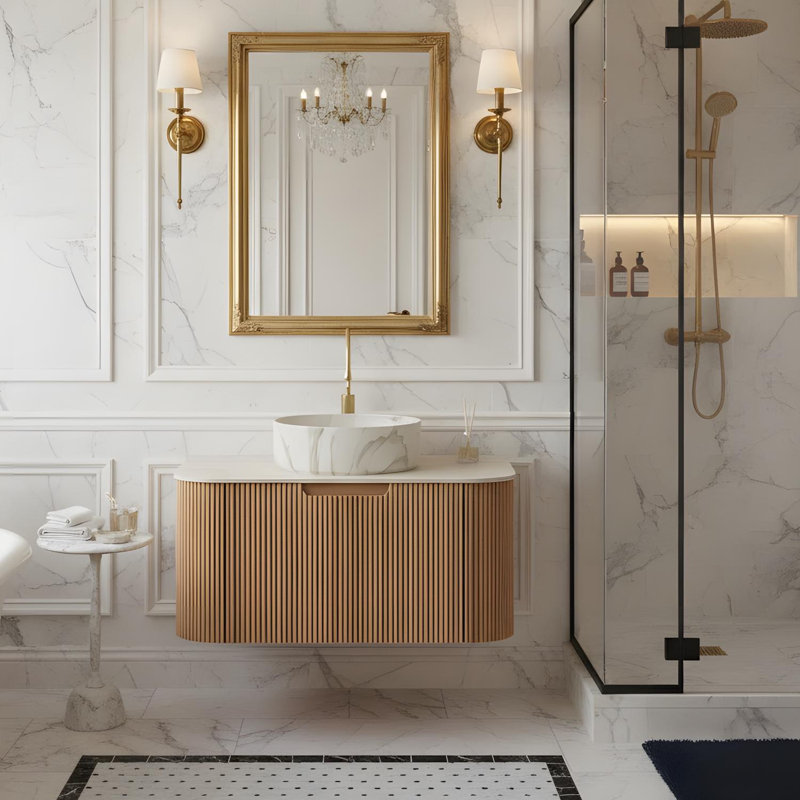 Meuble-lavabo flottant mural 30 po avec lavabo rond en céramique à motif de pierre et tiroir, Clair naturel, 30", Beige