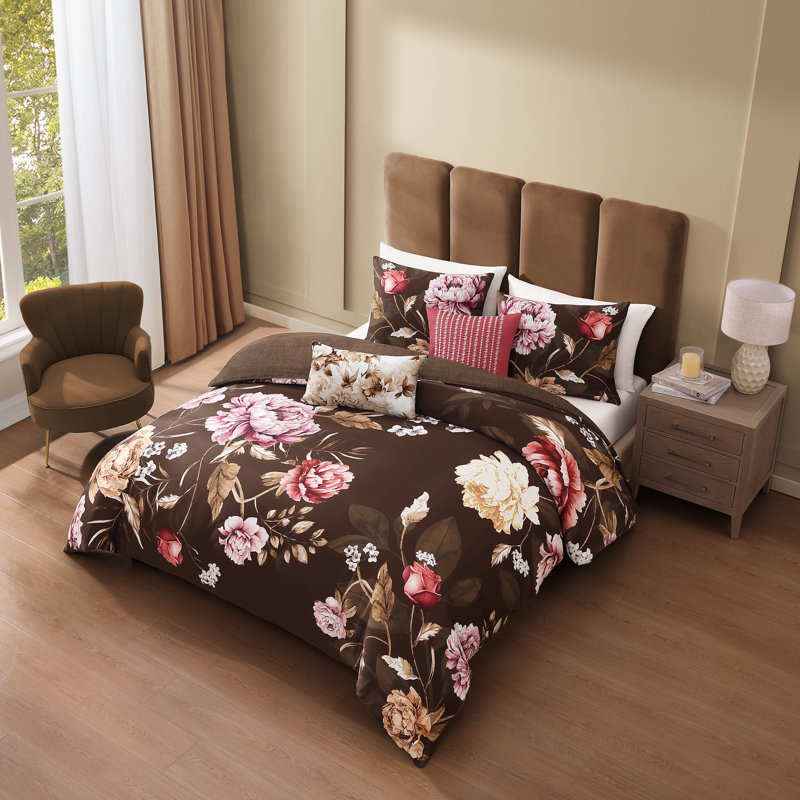 Queen Brown Floral Cotton Reversible Comforter Set