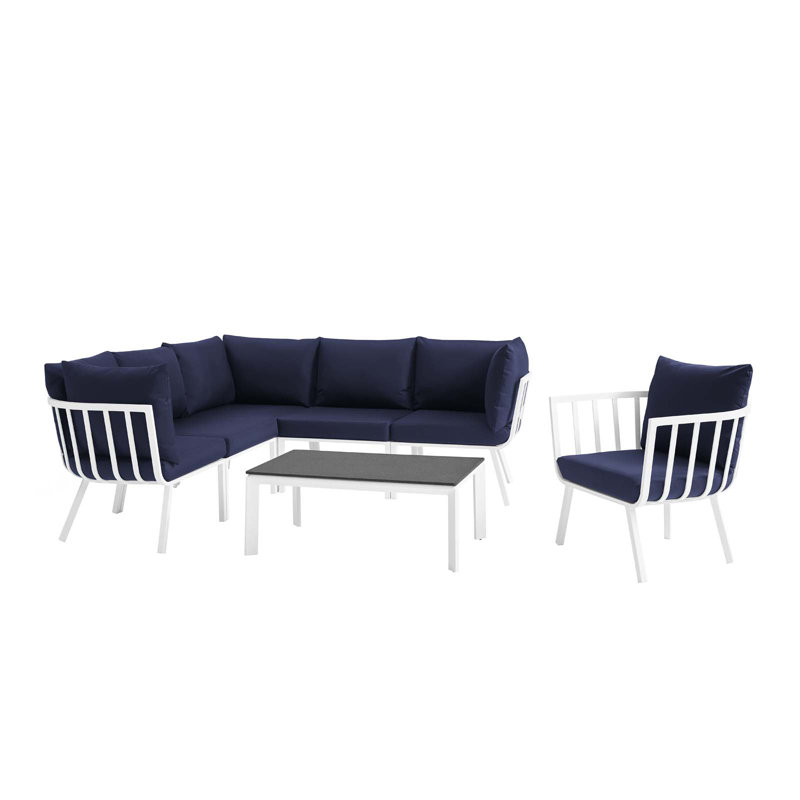 Ensemble de patio d'extérieur en aluminium 7 pièces Riverside, Bleu marine, Blanc