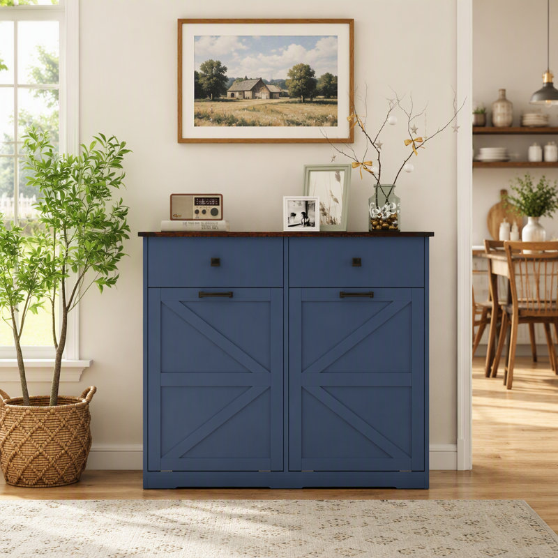 Farmhouse Double Tilt Out Trash Cabinet for 20 Gallon Trash Cans, Free Standing Recycling Cabinet with Hideaway Drawer, Barn Door Style Laundry Sorter Cabinet, Tilt Out Trash Cabinet for Kitchen