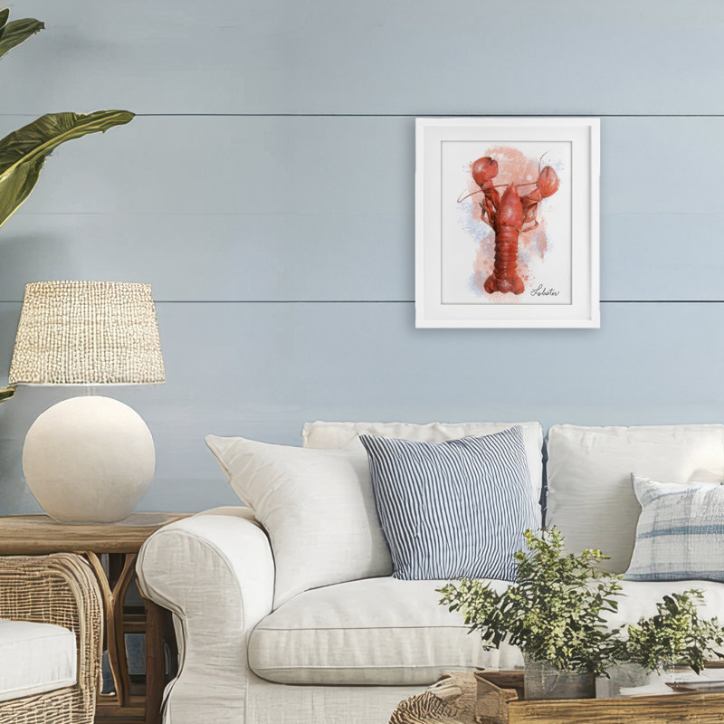 Reproduction encadrée sous verre Coastal Lobster, par Matthew Piotrowicz, H 16 po x l 13 po, Cadre blanc côtier