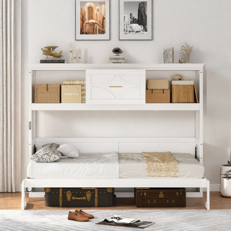 Lit escamotable avec station de charge, 2 armoires de rangement et 1 tiroir, Blanc
