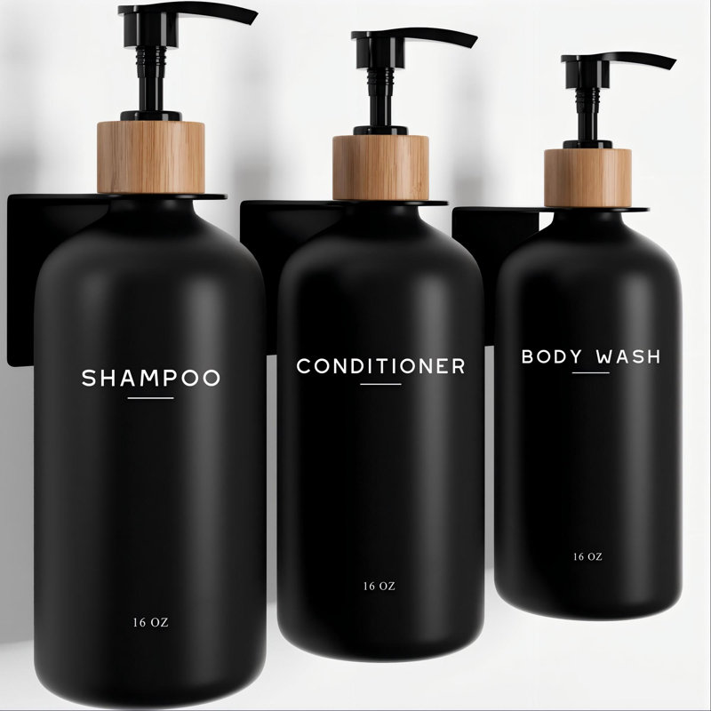 Black Shampoo And Conditioner Dispenser Set Wall Mounted  - Shampoo Dispenser For Shower Wall 3 Chamber No Drill - Shower Bottles Refillable With Labels For Bathroom(Black)