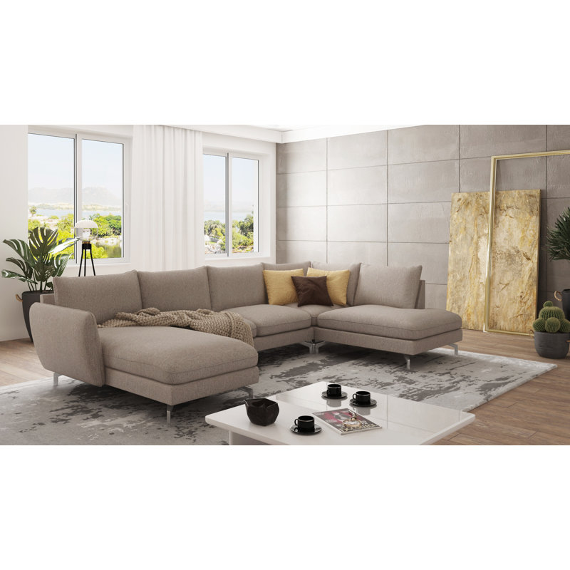 Modern U-shape Kimo Corner Sofa with Silver Metal Legs, Dark Beige, Left Hand Facing