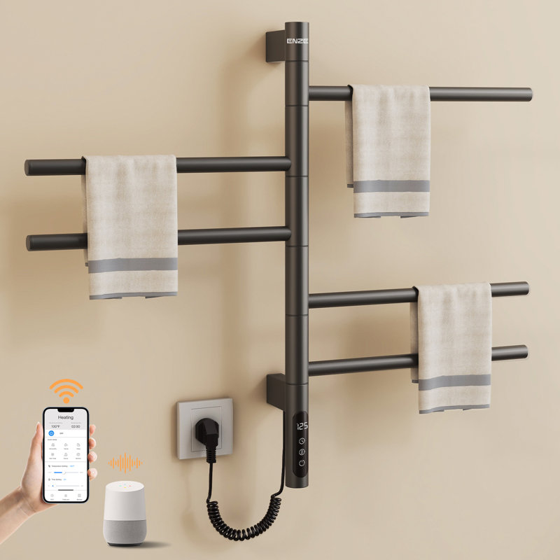 Porte-serviettes chauffant rotatif ENZE pour salle de bain, chauffe-serviettes électrique mural 5 barres 85W avec barres pivotantes, contrôle d'application Wi-Fi, minuterie 24H, acier inoxydable, IPX5, câblé / à brancher, gris