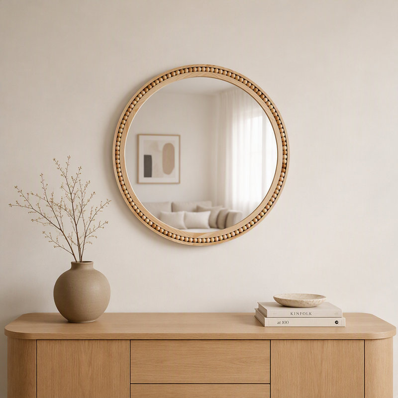 Miroir mural rond de 30 po x 30 po en bois naturel avec cadre en bois massif perlé, miroir rustique de décor de ferme pour entrée, salle de bain et salon