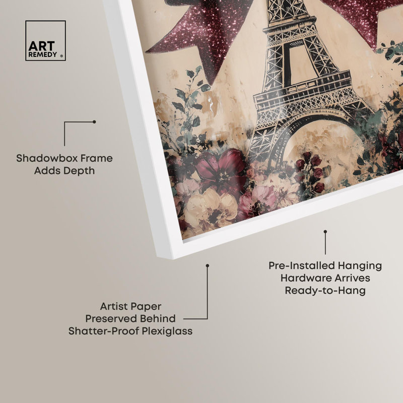 «Sparkling Bow Tour Eiffel Shadowbox Print» par Art Remedy, H 16 po x l 11 po, Blanc