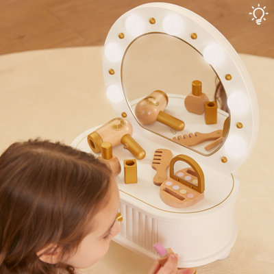 Freniland - Ensemble de salon de coiffure pour enfants - Coiffeuse avec peigne et sèche-cheveux - Coiffeuse et miroir en bois pour 3 ans et plus