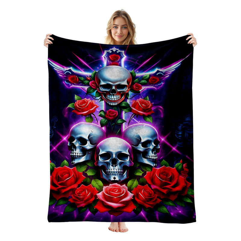 Jeté en flanelle JYK Halloween, Skulls Roses Cross