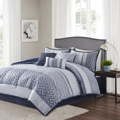 Édredon grand lit 7 pièces bleu marine - rembourré de taies décoratives, coussins décoratifs et jupe de lit