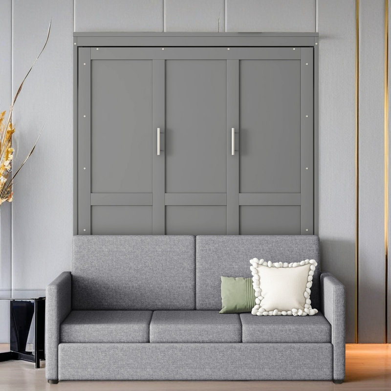 Grand lit escamotable mural avec coussin, Gris