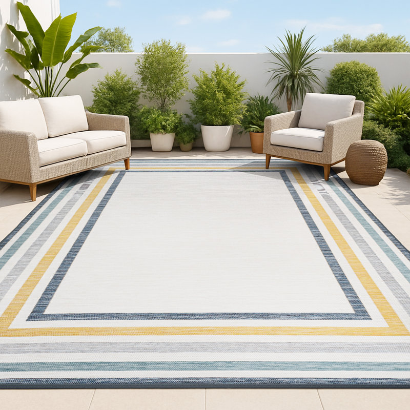 Tapis d'intérieur / extérieur crème / bleu marine Vandervliet, Rectangle 5 pi 3 po x 7 pi 7 po