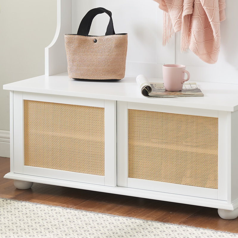 Étagère à vêtements avec porte-chaussures pour hall d'entrée, portemanteau avec banc et rangement pour chaussures, banc d'entrée avec porte en rotin blanc, l 40,16 po x P 18,58 po x H 64,17 po