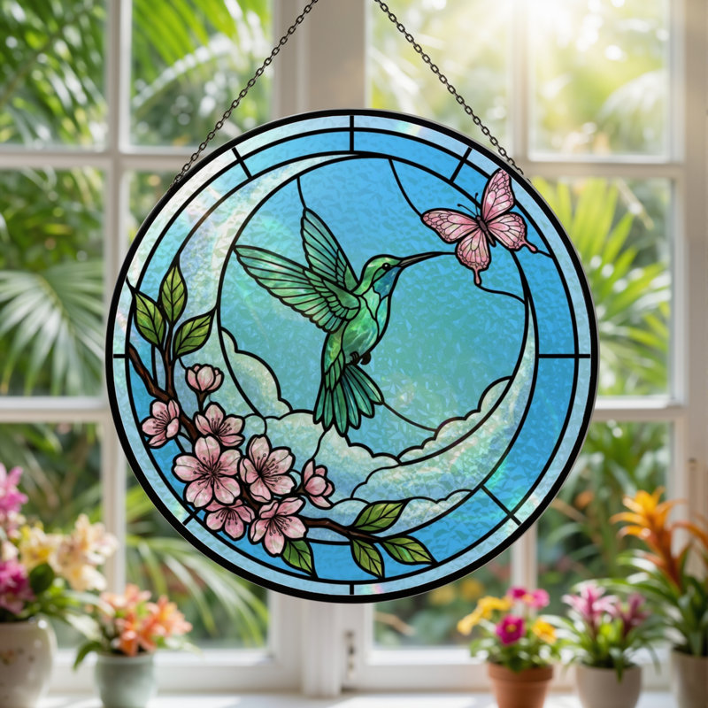 Vitrail de vitrail 12 "Hummingbird Butterfly 12", H 12 po x l 12 po