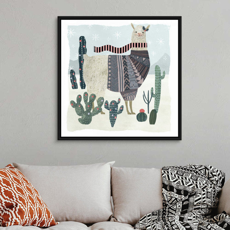 Reproduction d’art sur toile, "fêtes llama II" par Victoria Borges, 38" H x 38" W x 1.75" D, Cadre noir